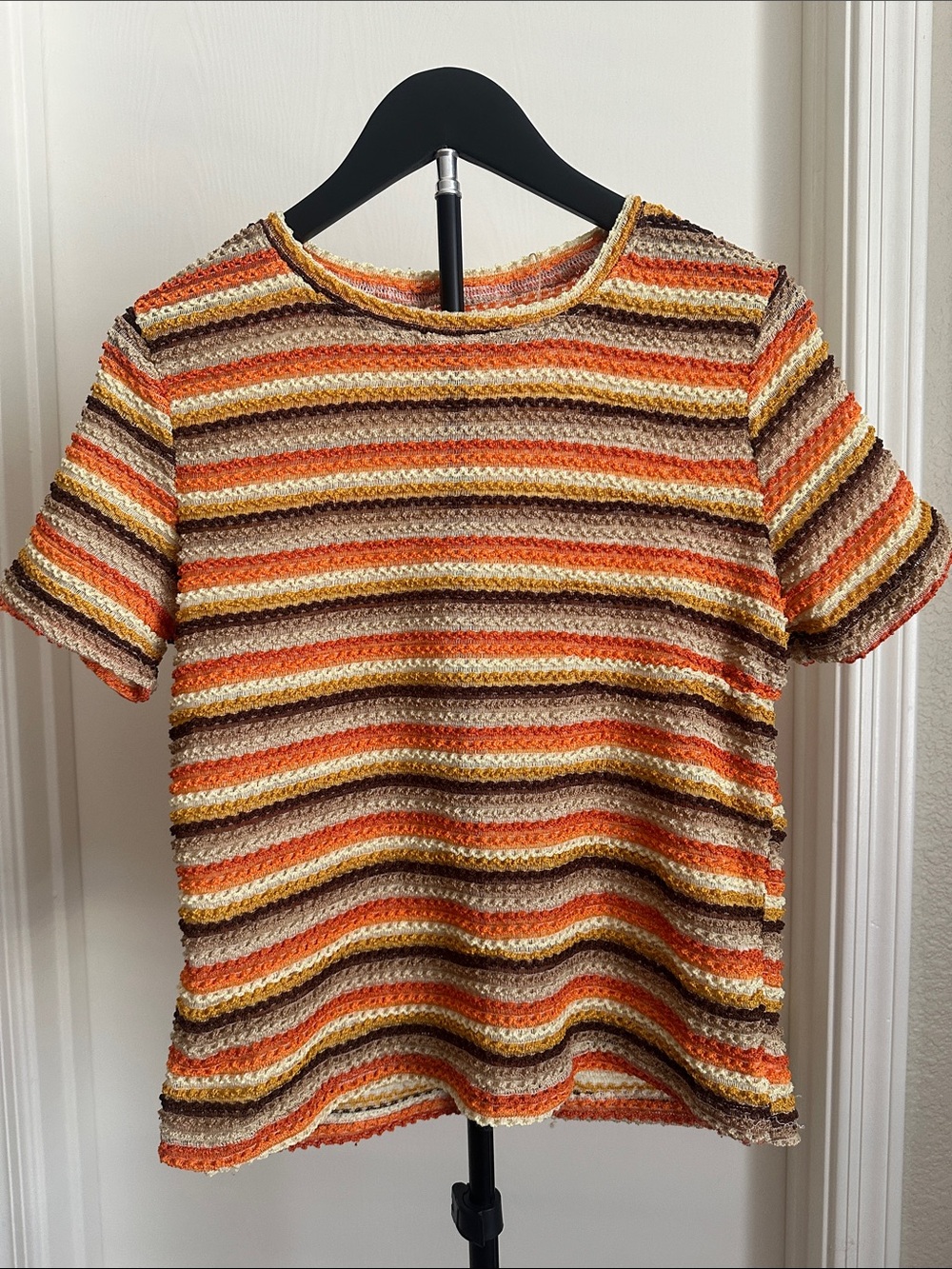 Striped Short Sleeve Crochet Tee in Orange, Brown & Cream